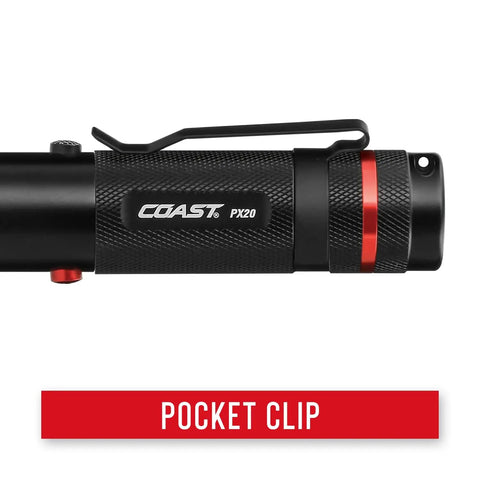 Close-up of Dual Color LED Flashlight With White And Red Beams 315 Lumen Output Bullseye Spot Beam Optic showing pocket clip