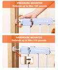 Installation methods for heavy duty metal retractable baby gate for stairs and doorways, pressure and hardware mounted.