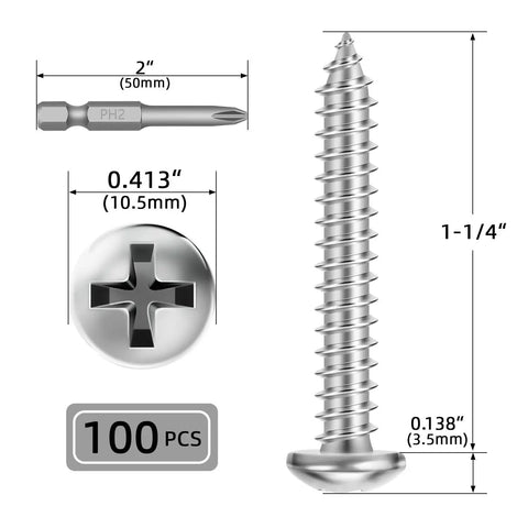 Heavy Duty Pan Head Sheet Metal Screws, Self Tapping Phillips Drive Fasteners, Corrosion Proof 304 Stainless Steel, 1 1/4 Inch Length, 100 pcs