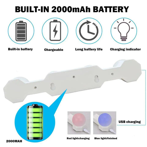 Cordless Rechargeable LED Vanity Mirror Light With 6500K Daylight Bulbs built-in 2000mAh battery and USB charging indicators.