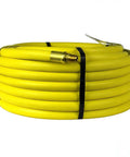 Built Tough As Nails 50 Foot Pneumatic Air Hose With 3 8 Inch Diameter And 250 Psi Rating Featuring Solid Brass Npt Fittings, coiled and yellow.