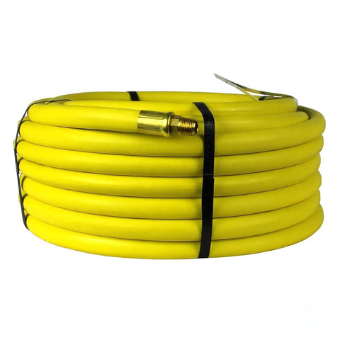 Built Tough As Nails 50 Foot Pneumatic Air Hose With 3 8 Inch Diameter And 250 Psi Rating Featuring Solid Brass Npt Fittings, coiled and yellow.