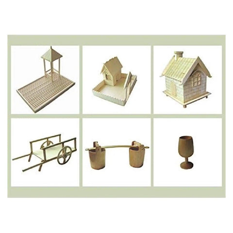 High Power Mini Metal Lathe For Diy Machining crafts wooden models including gazebo, house, cart, and cup for hobby projects.