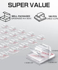 100 Pack Clear Adhesive Cable Clips Small And Strong Wire Holders For Desk Wall Car TV Ethernet Cables No Drill Residue Free Easy Cable Management For Home Office And Vehicle Organization, showing clips and packaging diagram