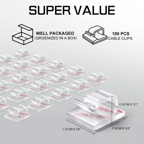 100 Pack Clear Adhesive Cable Clips Small And Strong Wire Holders For Desk Wall Car TV Ethernet Cables No Drill Residue Free Easy Cable Management For Home Office And Vehicle Organization, showing clips and packaging diagram