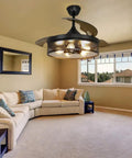 42 Inch Caged Ceiling Fan With Remote Control And Lights Dope Farmhouse Flush Mount Low Profile Ceiling Fan For Kitchen Bedroom And Living Room Matte Black Finish E26 Base No Bulbs Included installed in a living room.