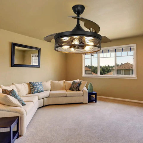 42 Inch Caged Ceiling Fan With Remote Control And Lights Dope Farmhouse Flush Mount Low Profile Ceiling Fan For Kitchen Bedroom And Living Room Matte Black Finish E26 Base No Bulbs Included installed in a living room.