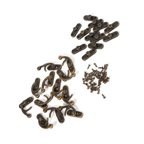 Antique Latch Hook Metal Hasp for jewelry boxes and gift boxes, vintage gold bronze finish, shown with screws, durable hardware
