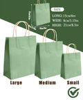 Three green gift bags in large, medium, and small sizes, demonstrating the dimensions of 24 Pack Small Gift Bags With Handles Rainbow Colors 8.3 By 6 By 3.15 Inch Heavyweight Paper Bags For Cookies Pastries And Desserts Party Favors Bulk Pack.