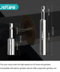 Upgraded Diamond Cutting Blade Tool With Dual Round Mandrels And Two Piece Quarter Inch Hex Shank Kit showing hex shank and cutting disc size details.