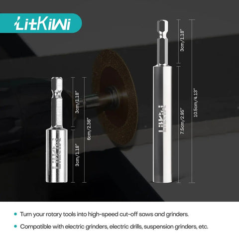 Upgraded Diamond Cutting Blade Tool With Dual Round Mandrels And Two Piece Quarter Inch Hex Shank Kit showing hex shank and cutting disc size details.
