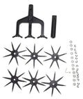 Parts of Heavy Duty Garden Rotary Cultivator And Soil Scarifier with deep aeration tiller rake spikes and accessories.