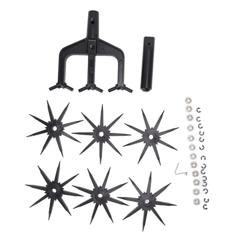 Parts of Heavy Duty Garden Rotary Cultivator And Soil Scarifier with deep aeration tiller rake spikes and accessories.