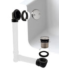 Dang Tight Fit Tip Toe Bathtub Drain Plug For SCH 40 Abs Lines With Two Hole Elbows And Sweet Satin Nickel Trim featuring assembly parts.