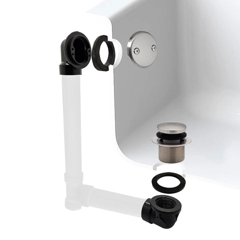 Dang Tight Fit Tip Toe Bathtub Drain Plug For SCH 40 Abs Lines With Two Hole Elbows And Sweet Satin Nickel Trim featuring assembly parts.