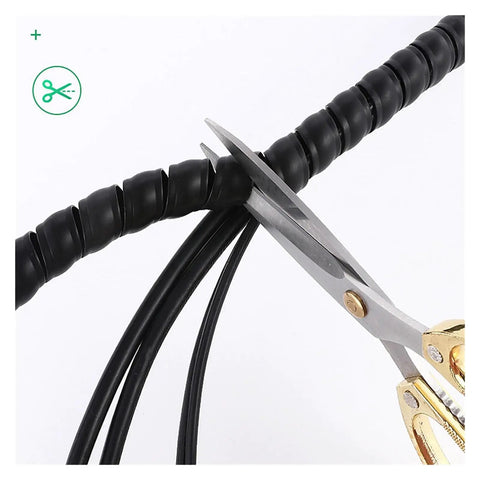 Close-up of scissors cutting black Spiral Cable Sleeve Wrap For 8 To 60 Millimeter Wires, Durable PP, Flexible Wire Protection