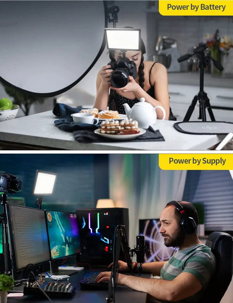 Photographer and streamer using 9 Inch LED Video Light Panel With Adjustable 2500K 6500K Color Temperature 12W 600Lux at 0.5m 4000mAh Battery Type C USB Ports High CRI 95 For Video Conferencing, Live Streaming, Outdoor Photography, Zoom Calls Pro Grade Lighting