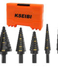Step Drill Bit Set 5 Pc High Speed Steel Black Oxide HSS Pro Grade For Fast Hole Cutting In Metal And Stainless Steel, orange case