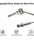 Close-up of stainless front and rear CVD drive shaft upgrade set for one tenth scale Slash VXL 4X4 Rustler Stampede Hoss Traxxas 4X4.