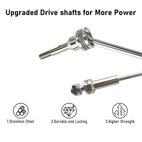 Close-up of stainless front and rear CVD drive shaft upgrade set for one tenth scale Slash VXL 4X4 Rustler Stampede Hoss Traxxas 4X4.