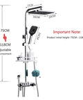 RIBEUJIZS Digital Shower System dimensions with adjustable height from 75CM to 118CM and chrome finish features.