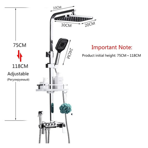 RIBEUJIZS Digital Shower System dimensions with adjustable height from 75CM to 118CM and chrome finish features.