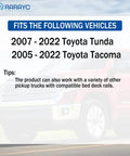 Compatibility guide for Toyota Tundra 2007-2022 and Tacoma 2005-2022 with backdrop of truck in motion.