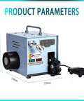 Professional Grade Built Tough Electric Cold Press Terminal Machine With Quick Swap Dies For Hella Accurate Insulated Wire Terminals Smooth Horizontal Bench Setup side view with dimensions marked