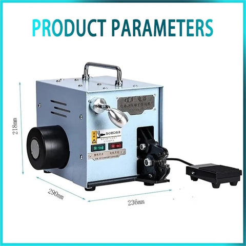 Professional Grade Built Tough Electric Cold Press Terminal Machine With Quick Swap Dies For Hella Accurate Insulated Wire Terminals Smooth Horizontal Bench Setup side view with dimensions marked