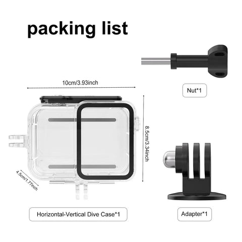 Packaging list of Beefy Underwater Case For Ace Pro 2 Action Camera 45m Waterproof Housing, includes adapter and nut.