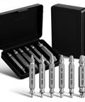 Damaged Screw Extractor Set for Stripped, Rusted, and Broken Screws and Bolts, 6 Piece Kit with toolbox open showing extractors.