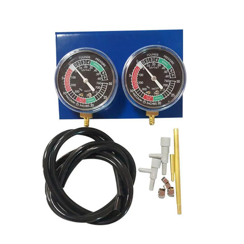 Dual Vacuum Gauge Balancer Kit for 2 Cylinder Motorcycle Carburetors, DIY At Home Balancing With Hoses, Connectors, And Brass Extensions, Improves Throttle Response, Power, Fuel Economy, Smooth Ride, with dual gauges and accessories