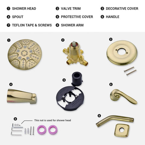 Brushed Gold Tub And Shower Faucet Set With Pressure Balancing Valve And Trim Included 5 Sprays Shower Head And Concealed Rough In Tub Spout parts
