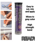 Heavy Duty Premium Epoxy Putty That Sets In 10 Minutes shown with instructions for metal, glass, wood, and plastic repairs.