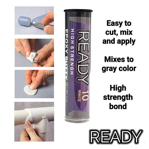 Heavy Duty Premium Epoxy Putty That Sets In 10 Minutes shown with instructions for metal, glass, wood, and plastic repairs.