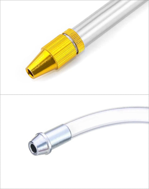 Close-up of heavy duty aluminum pneumatic spray gun nozzle and hose with one quarter inch inlet, ideal for kerosene and solvents.