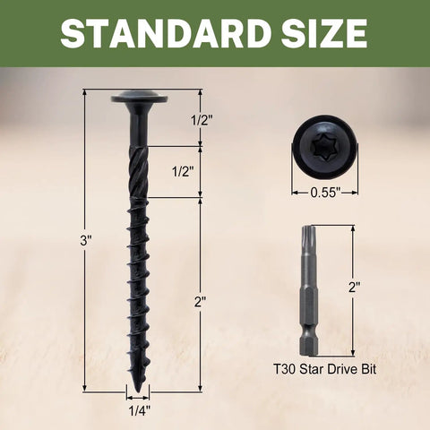 Beefy 3 Inch Lag Screws For Exterior Wood Construction, Size 14, 50 Pack, Washer Head, Black Coated, Rust Resistant, Star Drive With Bit, Timber And Deck Fasteners By LIONMAX, dimensions in image