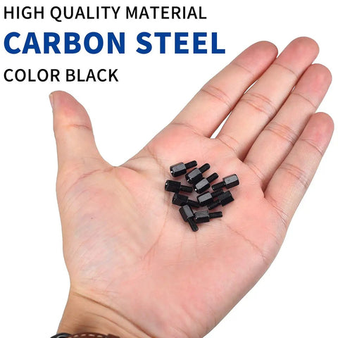 Hand holding black carbon steel standoffs, part of the 400Pcs Computer Screws And Standoffs Kit For Universal Motherboard HDD SSD Hard Drive Fan Power Supply Graphics Card And PC Case Mounts For DIY PC Build And Repair.