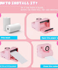 10 Rolls Kids Camera Paper Roll Refill White Thermal Paper 2.24 Inch Wide By 16 Foot Long 57x25mm Not Self Adhesive Prints 70 To 90 Photos Per Roll Compatible With Most DIY Instant Cameras For Kids, installation steps shown