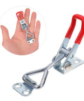 Close-up of 8 Piece Adjustable Toggle Latch Clamp Set With Quick Release, zinc-plated iron draw latch shown in hand and detailed view