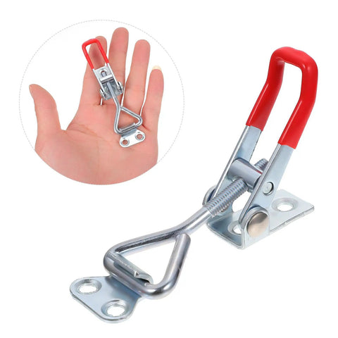 Close-up of 8 Piece Adjustable Toggle Latch Clamp Set With Quick Release, zinc-plated iron draw latch shown in hand and detailed view