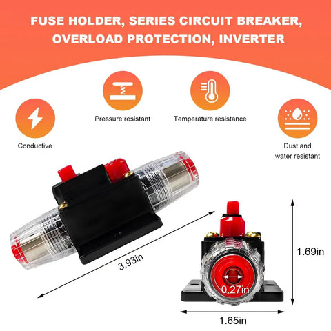 Built Tough 80 Amp Inline Circuit Breaker With Manual Reset Switch For 12V To 48V DC Car Stereo Marine Audio Systems showing circuitry and dimensions.