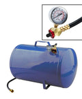Blue portable tank with brass 12 Piece Air Tank Repair Kit With Pressure Gauge And Hose Assembly, close-up of gauge and hose.