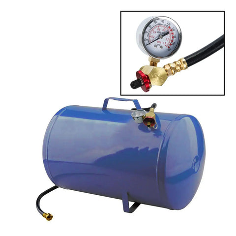 Blue portable tank with brass 12 Piece Air Tank Repair Kit With Pressure Gauge And Hose Assembly, close-up of gauge and hose.