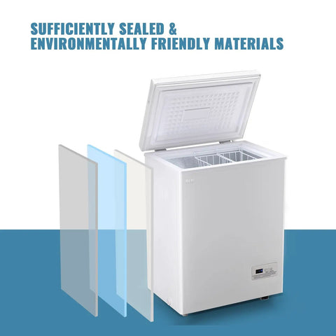 No Sweat Compact Chest Freezer With Dual Removable Baskets And Precision Digital Display To Keep Your Grocery Stash Rock Solid Cold In White Finish Quick Freeze Unit with open lid and transparent insulation.