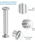 Hex Chicago Screws Set 10 Pack Binding Posts M6 X 45mm, 304 stainless steel, close-up of smooth threads and hex drive cap detail.
