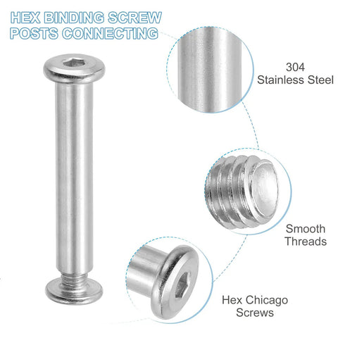 Hex Chicago Screws Set 10 Pack Binding Posts M6 X 45mm, 304 stainless steel, close-up of smooth threads and hex drive cap detail.