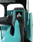 Close-up of hand pressing power button on 16 Inch 40V Max Brushless Top Handle Electric Chainsaw Kit With 4Ah Battery.