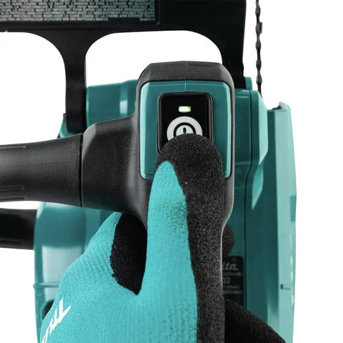 Close-up of hand pressing power button on 16 Inch 40V Max Brushless Top Handle Electric Chainsaw Kit With 4Ah Battery.