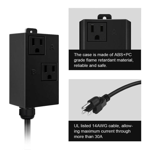 Automatic vacuum switch for power tools, black dual-outlet module with two NEMA outlets labeled A and B.

Side view of the black ABS+PC vacuum switch housing with mounting tab.

Close-up of the dual outlets on the black switch housing, with A and B labels visible.